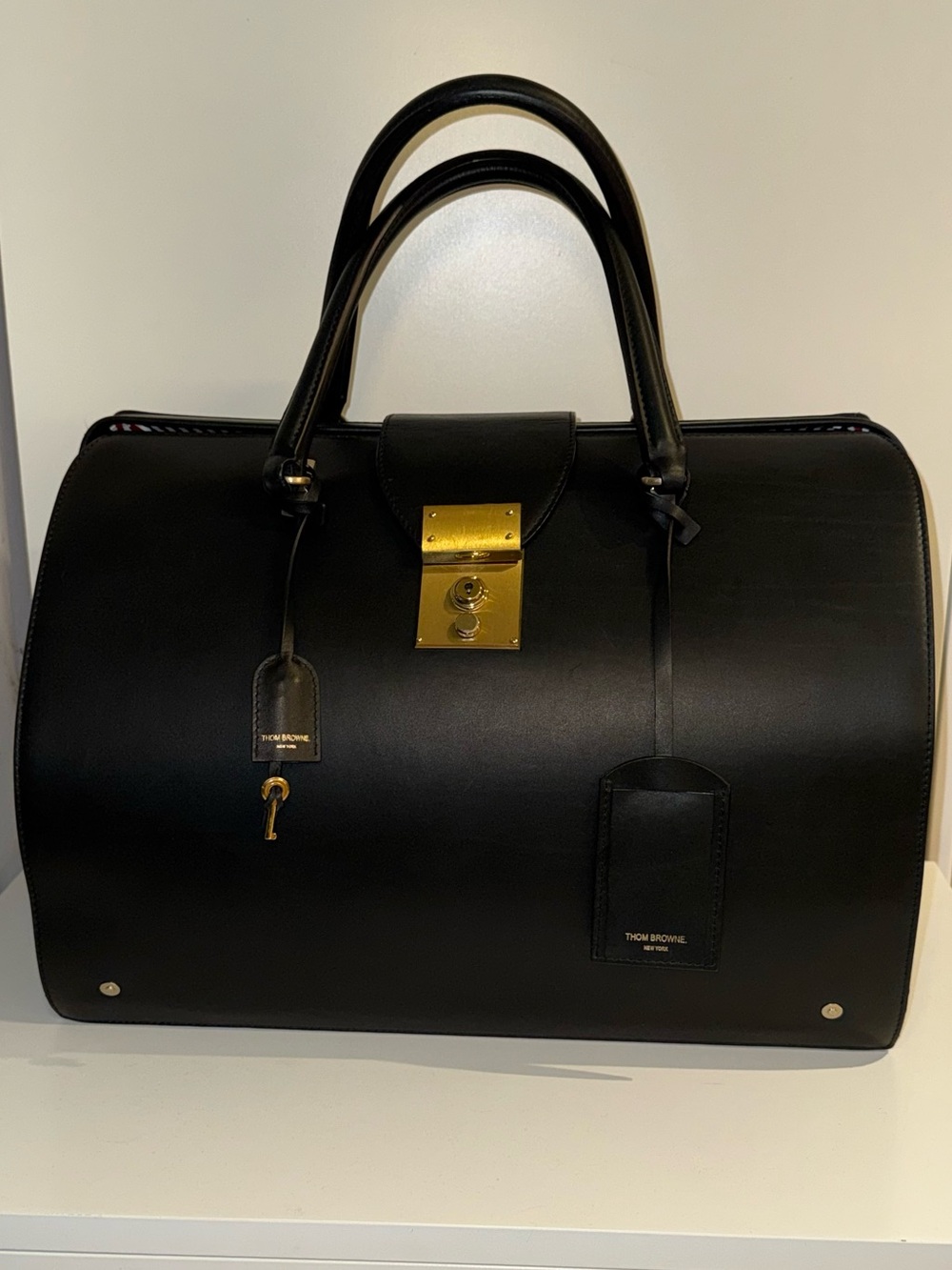 Thom Browne Black Leather Duffel with Gold-Tone Lock